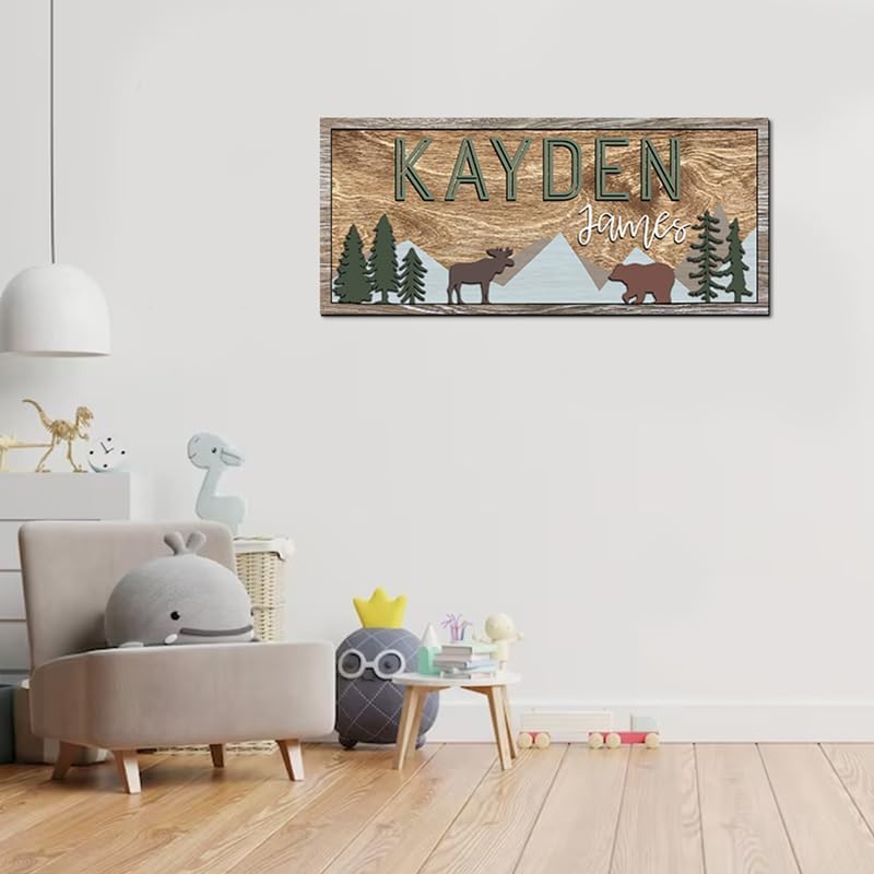 Personalized Wooden baby name sign for nursery, Woodland theme nursery, Animal for kids room decor, Custom name sign for boys, Door hanging gift/2