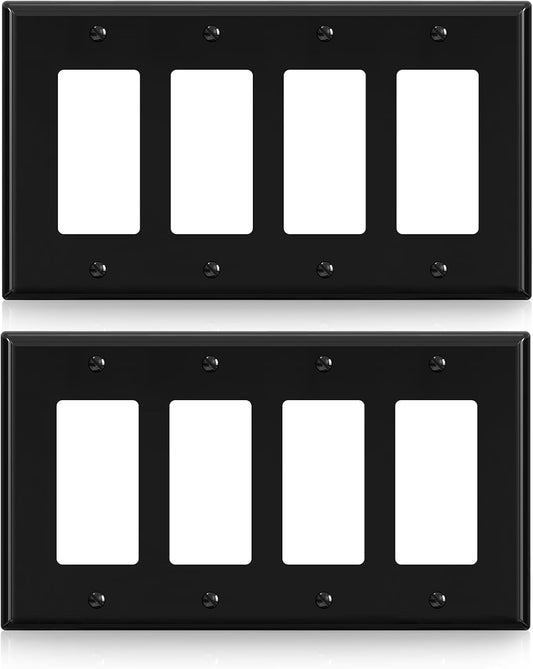 ELEGRP 4-Gang Decorative Wall Plates, Mid-Size 4.88" H x 8.57" L Unbreakable Thermoplastic Faceplate Cover for Decorator Receptacle Outlet Switch, UL Listed (2 Pack, Glossy Black)