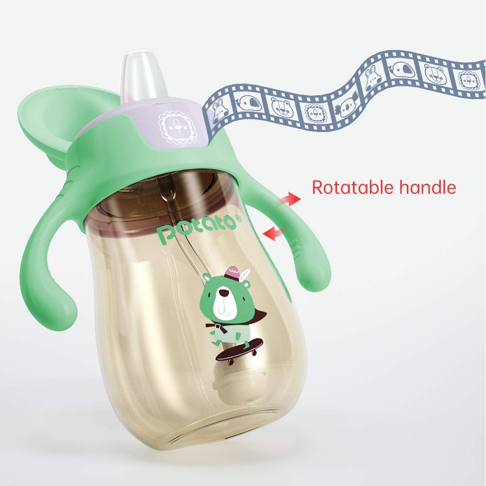 POTATO Sippy Cups For Toddlers with Straw Spill Proof, PPSU Learner Cup with Handle for Babies, Water Bottle for Baby 12 Months with 2 Type of Spout, 10 Ounce Green