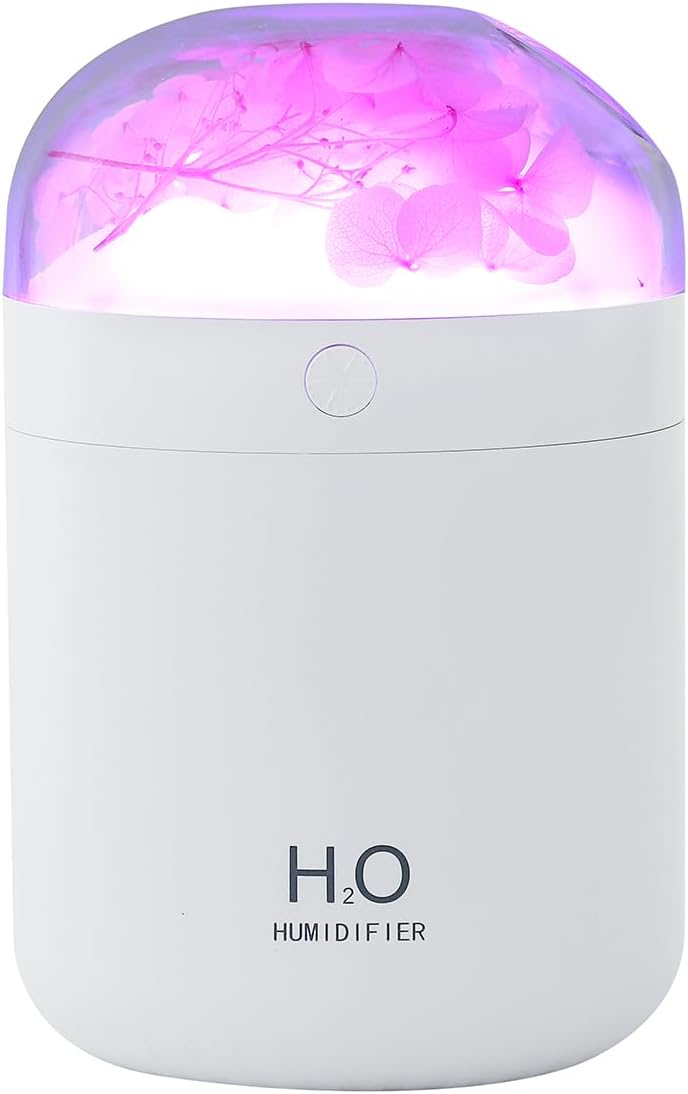 Portable Small Hydrangea Humidifiers for Bedroom Baby, Mini Cool Mist Plant Humidifier for Plants, Quiet Desktop Humidifier with 2 Working Modes & Colorful Night Light for Travel, Office, Bedroom