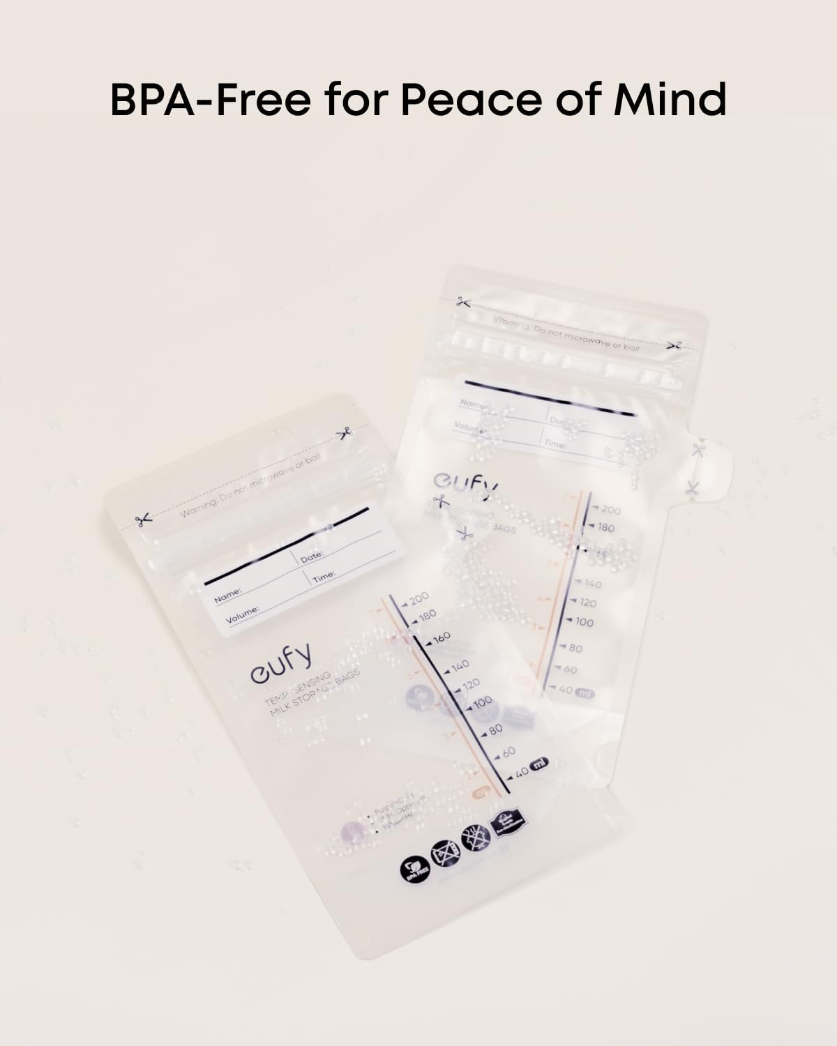 eufy Breast Milk Storage Bag with Temperature Sensing Color Change, Milk Storing Bags for Breastfeeding, 7 oz Disposable Storage Bags, Self-Standing, Leakproof Milk Freeze Storage Pouches (120 Pieces)