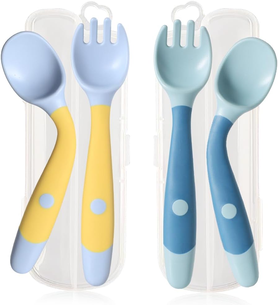 Baby Utensils Spoons and Forks Set Bendable Self-Feeding Silverware for Toddler Children with Travel Case Gum Friendly Food Grade (Yellow+Green, 2 Set)