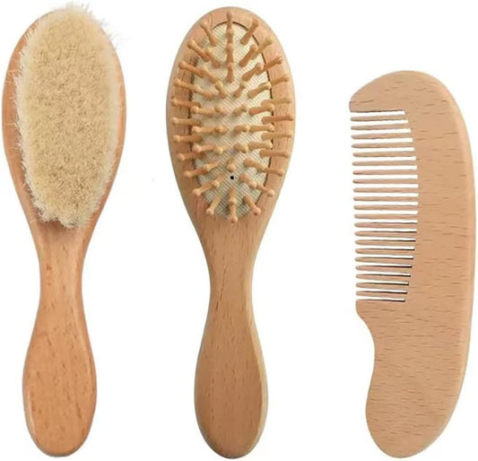 PandaEar Baby Hair Brush and Comb Set for Newborn| Natural Wooden Hairbrush with Soft Goat Bristles, Pear Wood Comb and Wooden Massage Brush for Infant, Toddler, Kids