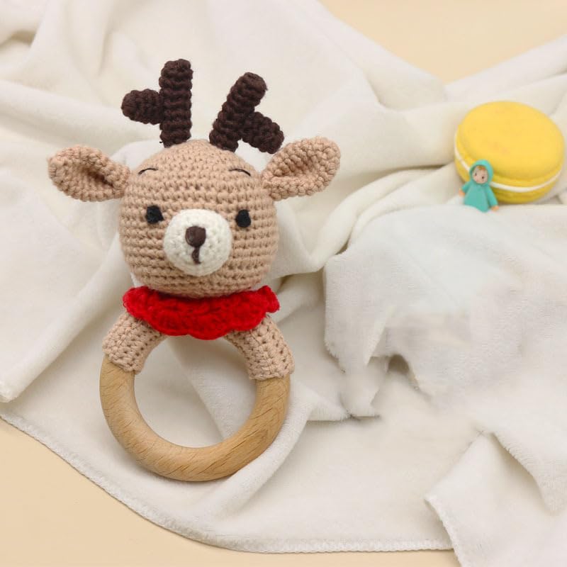 Wooden Baby Rattle for Newborn Toddler Soothing Handmade Crochet Ring Toys (Light Brown Deer)