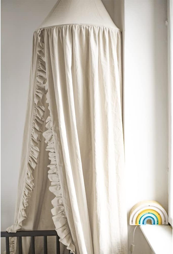 Bed Canopy with Frills Reading Nook Game Tent for Kids Boho Hanging Net Play Room Decor(Beige)