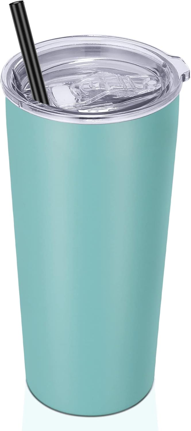 VEGOND 20oz Tumbler Bulk with Lid and Straw 1 Pack, Stainless Steel Vacuum Insulated Tumbler, Double Wall Coffee Cup Travel Mug, River Green
