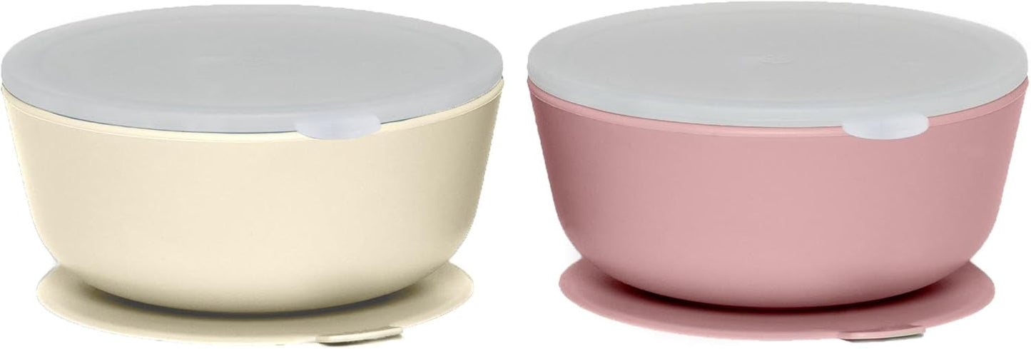 WeeSprout Suction Bowls for Baby & Toddlers (Set of 2) - 100% Silicone w/Plastic Lid - Leak Proof Feeding Supplies - Dishwasher & Microwave Safe Infant Dinnerware w/Extra Strong Base