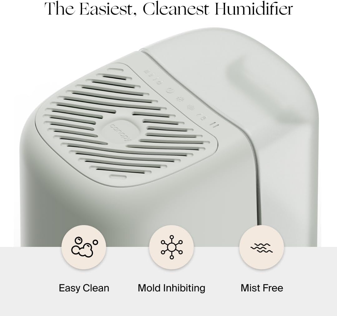 Canopy Bedside Humidifier 2.0, White, 36 HR Run Time, 2.5L Capacity - Reading Light & White Noise - Alleviate Symptoms of Allergies, Flu, Cold, Dry Skin - Humidifier, Filter, Power Cord & Adapter