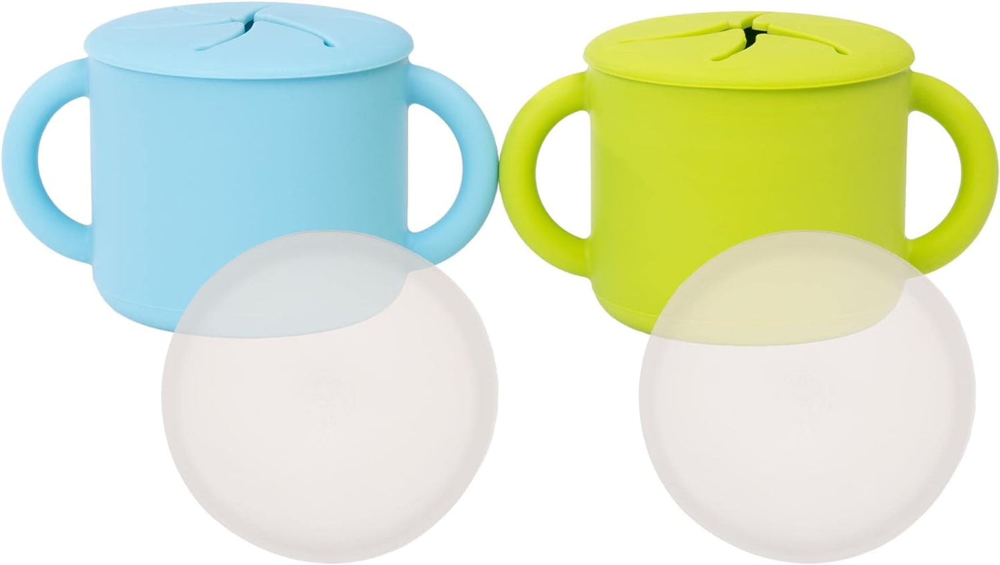 WeeSprout Snack Containers, Food Grade Silicone Cups, Spill-Proof Tops For Toddlers and Babies, Premium Hard Plastic Travel Lids, Dishwasher Safe, Set of 2 Snack Catchers