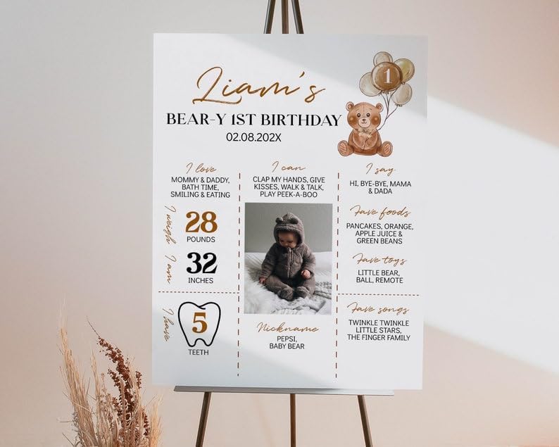 Generic Personalized Beary First Birthday Milestone Poster, Teddy Bear Photo Milestone Sign, Boho Brown Bear Party Stats Board, Design 08