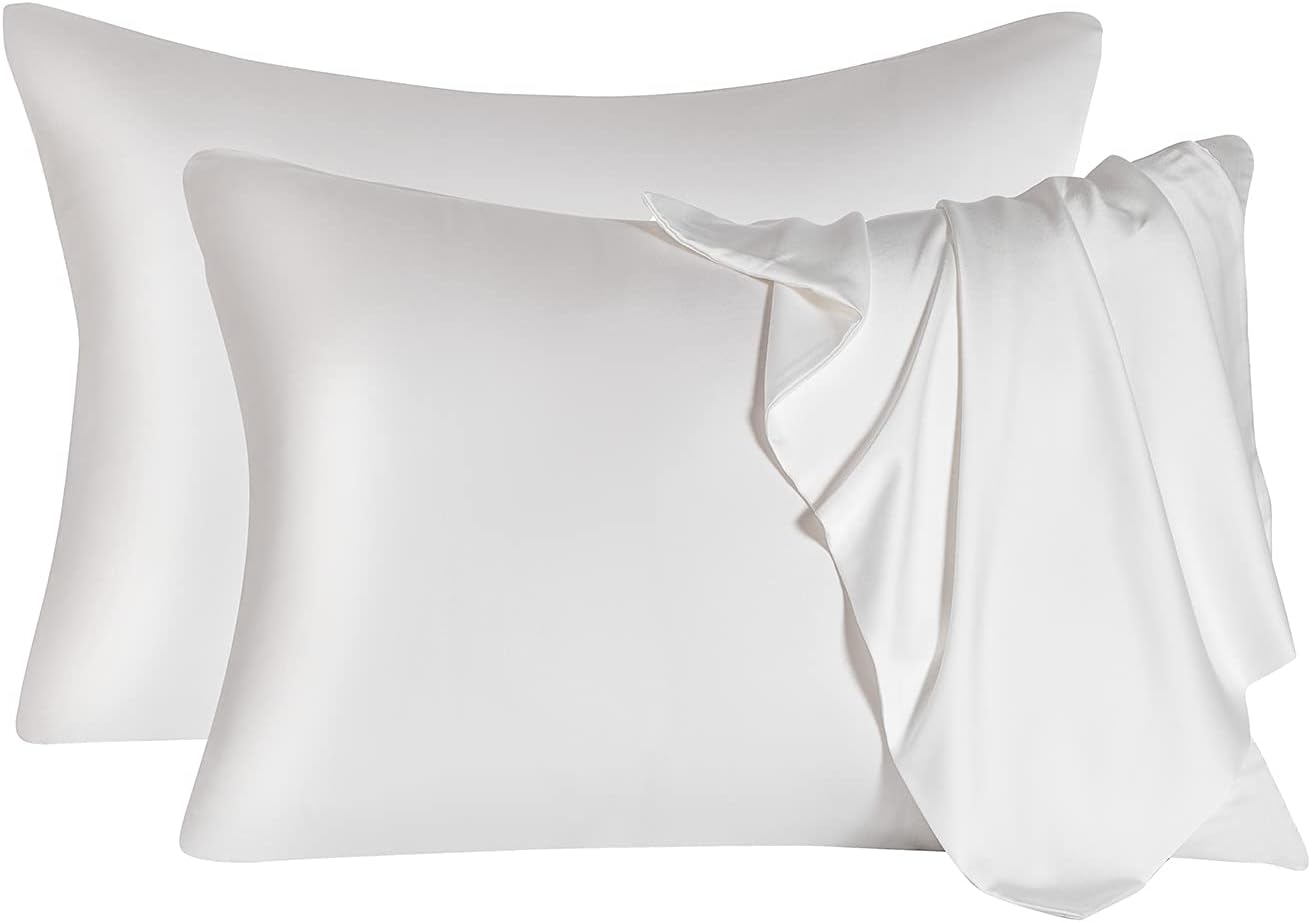 2 Pcs Mulberry Silk Pillowcase for Hair and Skin,Cooling Silk Pillow Case with Hidden Zipper,Allergen Proof Dual Sides Soft Breathable Smooth Silk Pillow Cover for Women(Queen-2PCS,White)