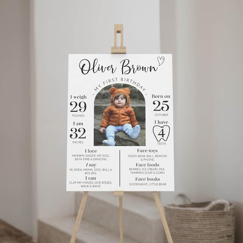 Personalized First Birthday Milestone Sign, Modern 1St Birthday Milestone Poster, One Year Of Baby Photo Milestone Board, Design 013