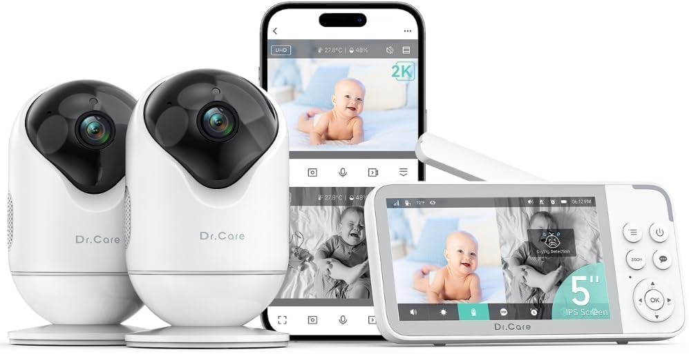 VistaView Smart WiFi Baby Monitor with 2 Cameras- 5” 1080P Split Screen & 2K Camera App Control, Cry & Motion Alerts, Night Vision, 5000mAh Battery, 2-Way Talk, Triple Security, 1279ft Range