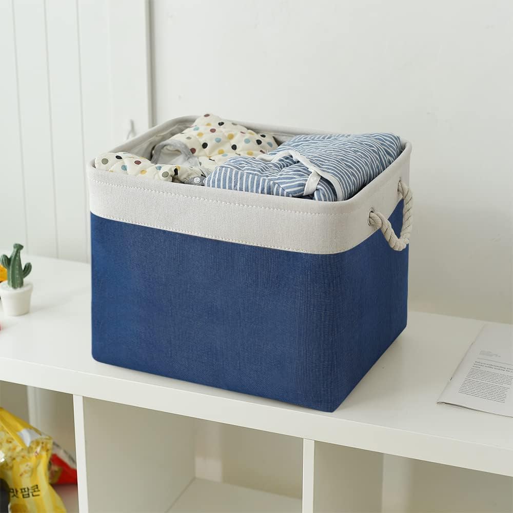 TcaFmac Organization and Storage Basket for Gifts Empty - 16x12x12 inch Large 2 Pack Collapsible Storage Bins for Shelves, Fabric Storage Cubes for Organizing Cloth Toy Kids (White & Jean Blue)