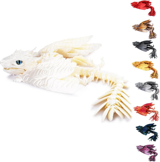 3D Printed Dragon with Wings 3D Printed Animals Articulated Dragon Fidget Dragon 3D Printed Toys Dragon Toy Desk Pets Home Office Decor (White)