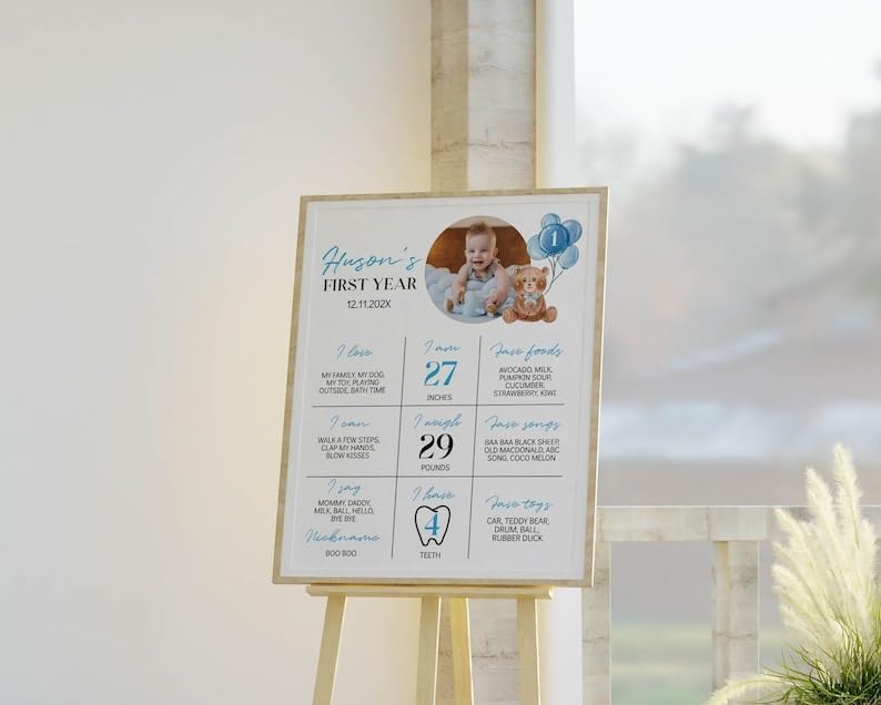 Personalized Beary First Birthday Milestone Poster, Teddy Bear Birthday Milestone Sign, Modern Bear Birthday Stats Board, Design 05