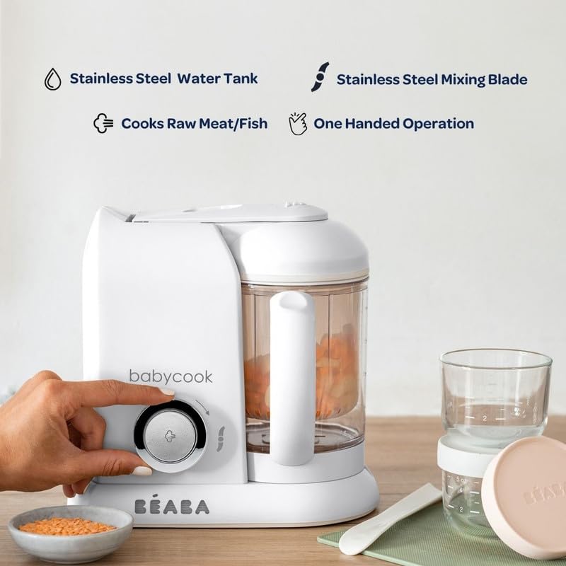 BEABA Babycook Solo 4 in 1 Baby Food Maker, Puree Steamer and Blender for Purees, Grinder with Auto Steam Cooking, Lrg Capacity 4.5 Cups 27 Servings in 20 Mins, Charcoal