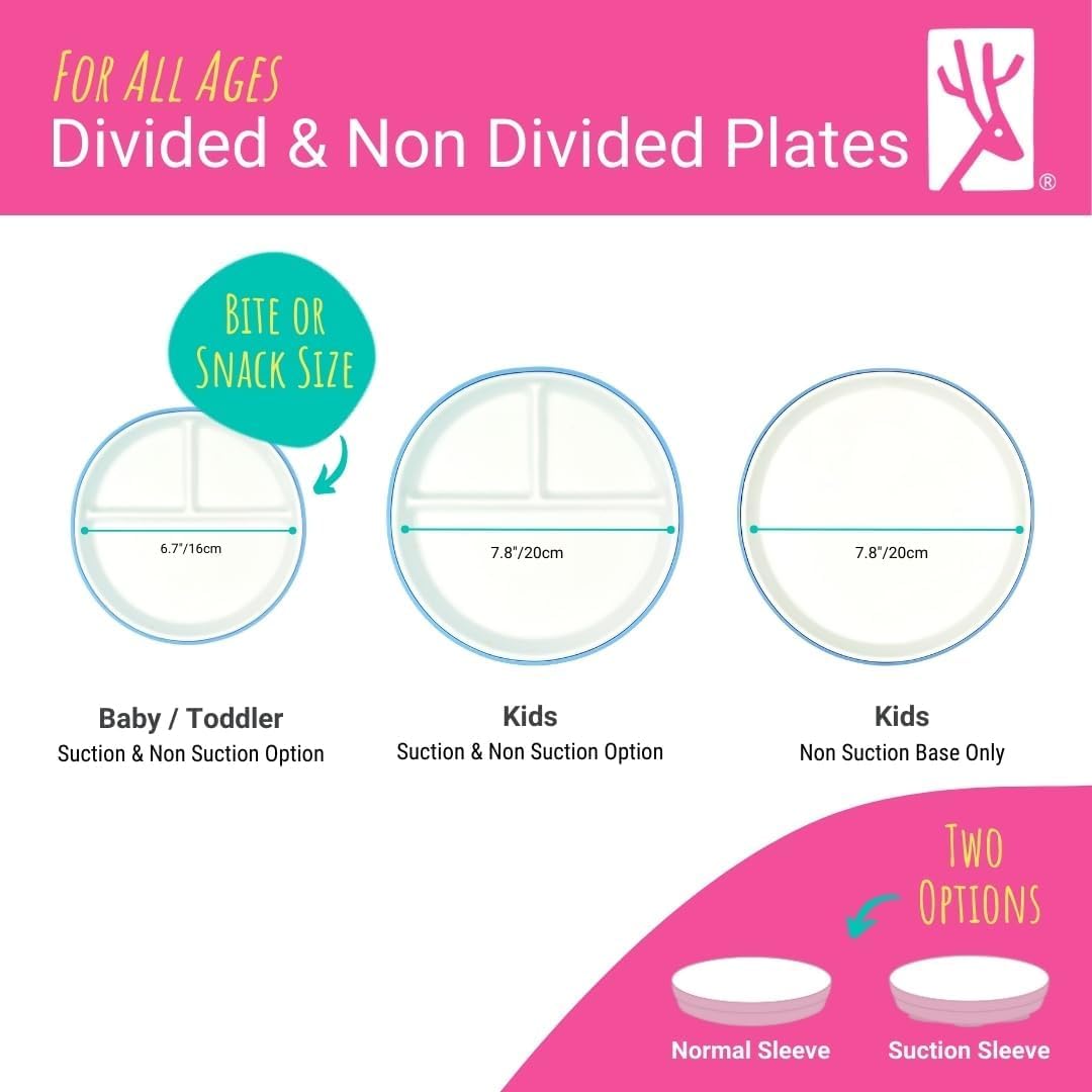 Elk and Friends Kids 7.8” Porcelain Divided Plates with Silicone Sleeves + Lids | Suitable for Babies/Kids/Toddlers | Microwave & Dishwasher Safe | Non Slip | Snack Dishes