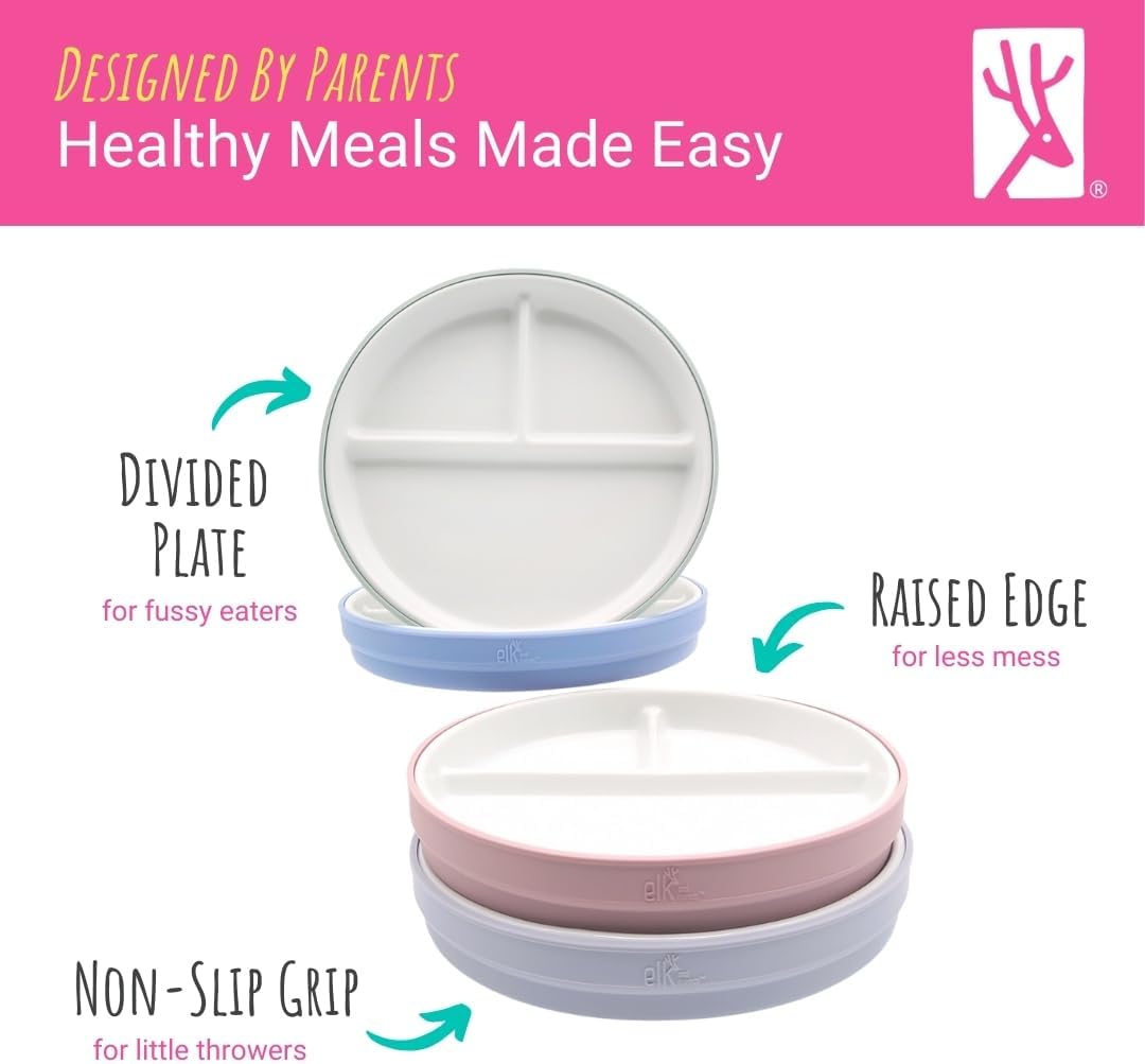 Elk and Friends Kids 7.8” Porcelain White Plates with Silicone Sleeves | Divided Plates | Suitable for Kids/Toddlers | Microwave & Dishwasher Safe | Non Slip | Snack Dishes…