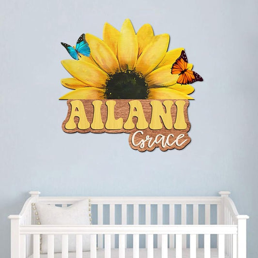 Custom Wooden Sunflower Nursery Name Sign for Girls, Boho Nursery Wood 2 Layer, Baby Name Sign, Baby Shower, Decor Floral, Flower gift/17