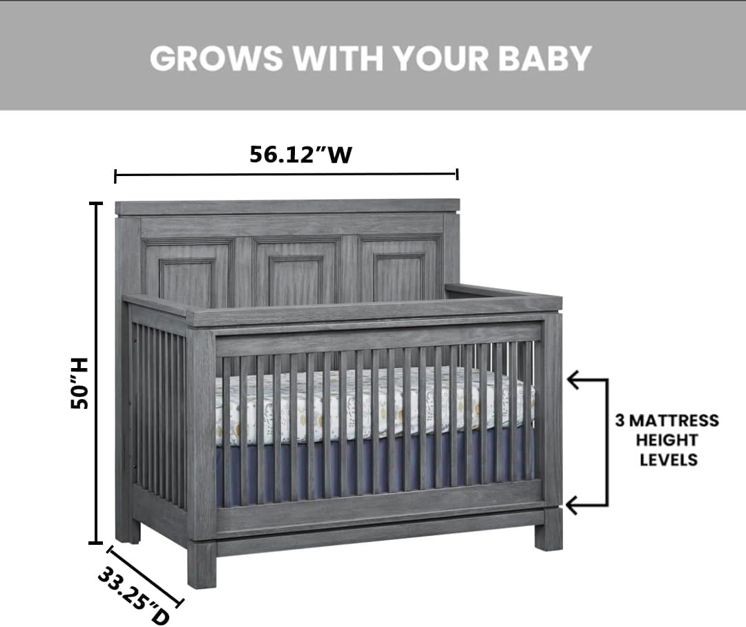 Soho Baby Manchester Premium 4-in-1 Convertible Crib, Flat-Top Headboard, Rustic Gray, GreenGuard Gold Certified
