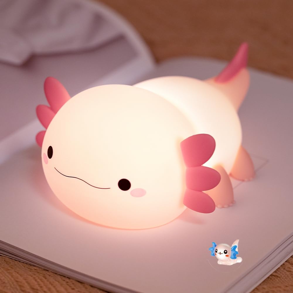 Cute Axolotl Night Light for Kids Bedroom, Animal Silicone Nursery Night Lamp Touch Control Nightlights USB Rechargeable Bedside Lamp for Baby Children Toddlers Girls Gift (pink Axolotl 1)