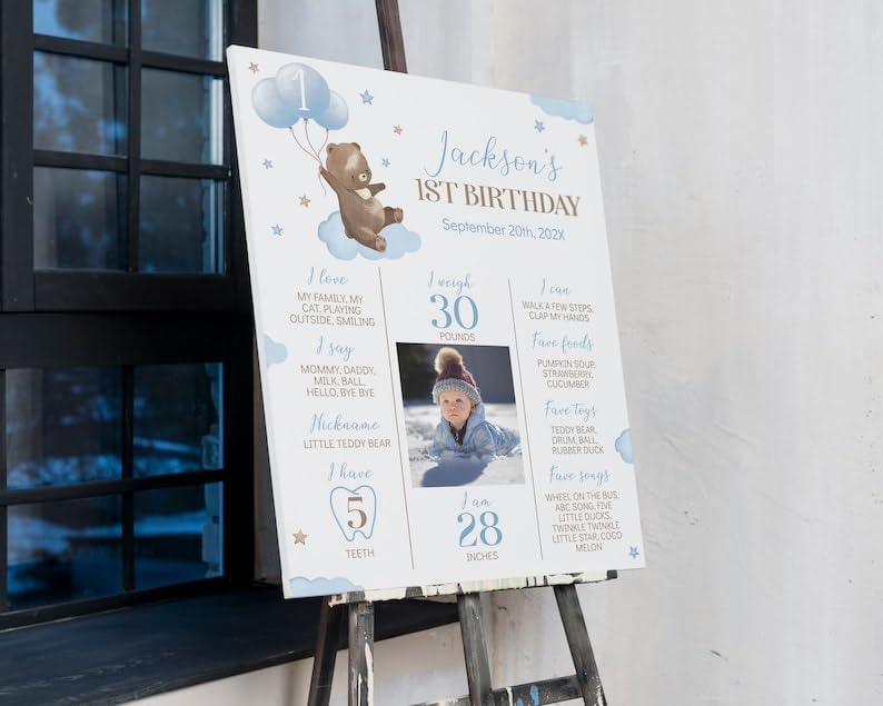 Generic Personalized Beary First Birthday Milestone Poster, Teddy Bear Photo Milestone Sign, Boho Brown Bear Party Stats Board, Design 07