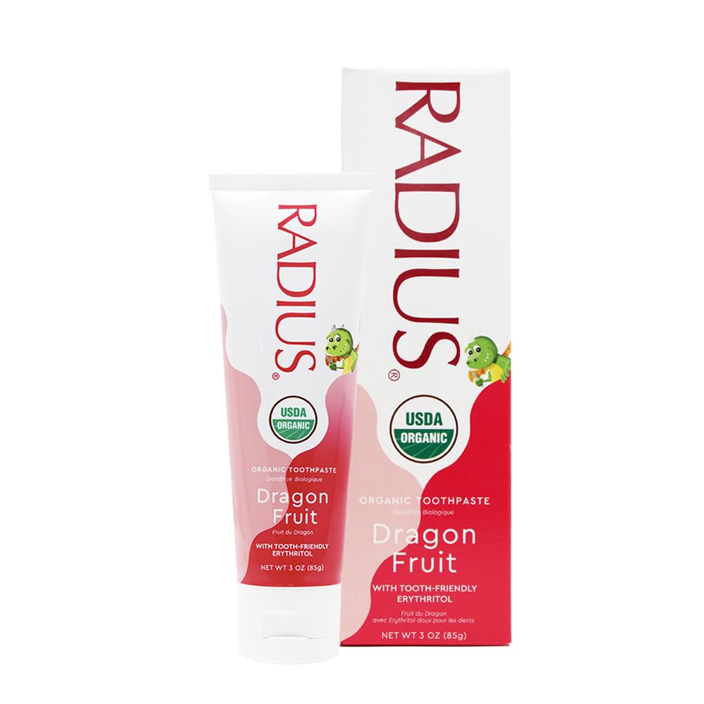 RADIUS Toddler Toothbrush and Toothpaste Bundle for Kids, 2 Pack Totz Extra Soft Brush in Blue and Green Sparkle and 1 Count Dragon Fruit Toothpaste, for Children 18 Months and Up