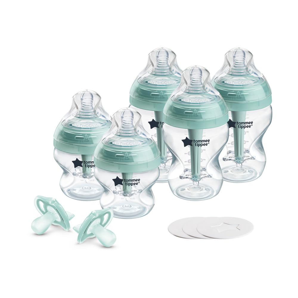 Tommee Tippee Advanced Anti-Colic 10 Piece Bottle and Pacifier Set, 5 and 9 oz BPA Free Bottles, Newborn 0+ months, Slow & Medium-Flow Breast-Like Nipples, 3 Travel Bottle Lids, 2 Ultralight Pacifiers