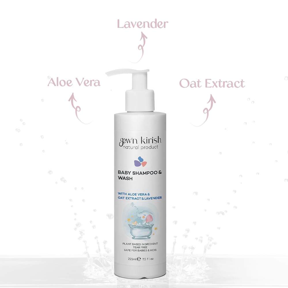 Gew’n Kirish Natural Baby Shampoo & Body Wash – Tear-Free, Hypoallergenic Cleanser with Lavender Oil, Aloe Vera & Oat Extract, Plant-Based, Vegan, Sulfate-Free Formula, 7.5 fl oz