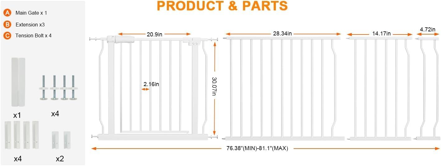 HOOEN Extra Wide Baby Gate for Doorways Stairs 76.38-86.3 Inch Large Long Pressure Mounted Dog Gates Indoor Walk Through Child Gates for Kids or Pets White Safety Gate (White, 76.38-86.3")