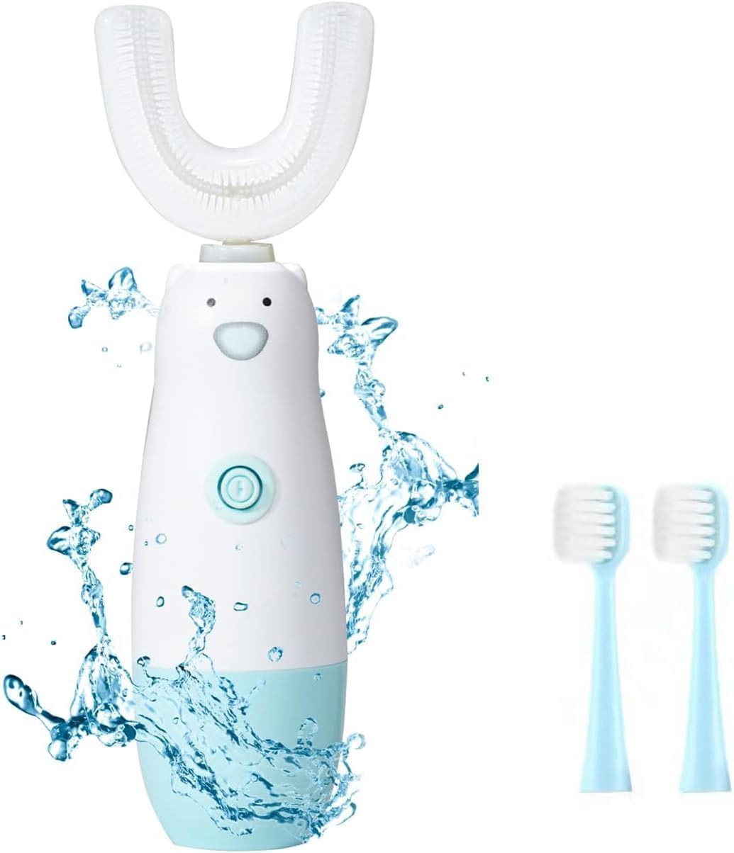 Kids Electric Toothbrush，Toddler Toothbrush Waterproof Battery Powered 360 Automatic Sonic u Shaped Toothbrushes for 2-7 Years Old for Boys Girls，with 2 Replacement Brush Heads（Blue）
