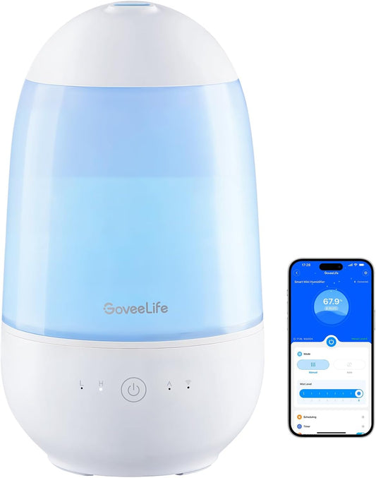 GoveeLife Humidifiers for Bedroom, Smart Cool Mist Air Humidifier for Baby, Nursery, Plants, Easy to Clean & Top Fill Ultrasonic Humidifier with APP & Voice Control, Essential Oil Diffuser, Nightlight