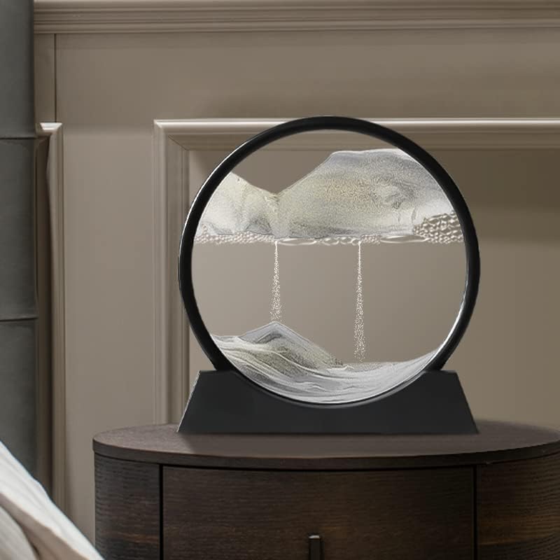 Moving Sand Art Picture 3D Deep Sea Sandscapes Sand Art Liquid Motion Bubbler Timer for Adult Kid Desktop Art Toys for Home Decor and Office(Round+Black+10In)