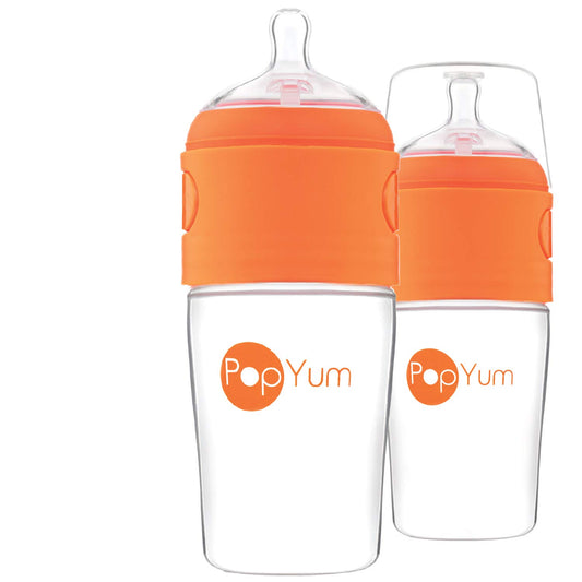 PopYum 9 oz Orange Anti-Colic Formula Making/Mixing/Dispenser Baby Bottles, 2-Pack with #2 Medium Flow Nipples, 260 ml, BPA-Free, Natural Latch