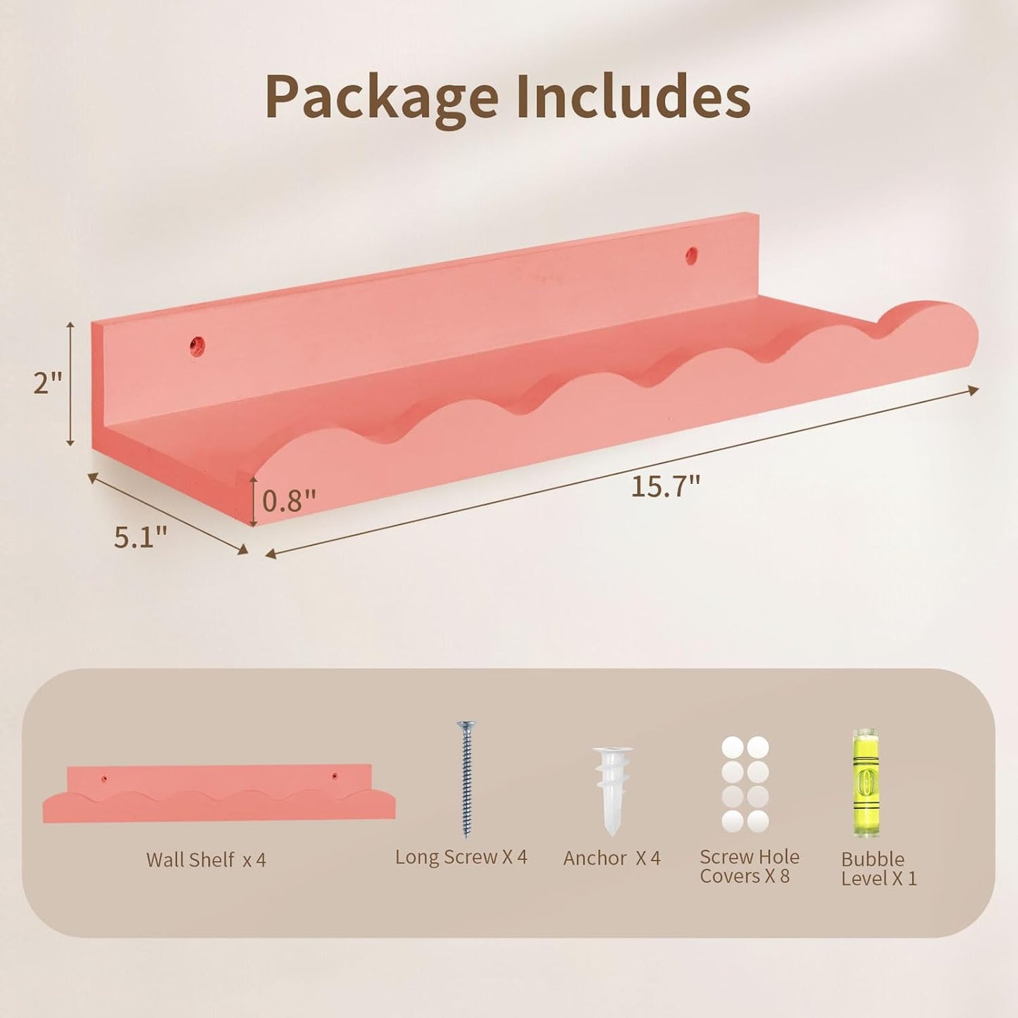 Nursery Book Shelves, 4 Pack Pink Floating Shelves for Wall, Wood Scalloped Shelves for Storage Books, Wall Book Shelf for Kids Rooms, Bedroom, Toddler Room, Baby Room, Nursery Decor