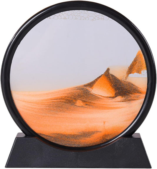 Moving Sand Art Picture in Motion Round Glass 3D Deep Sea Landscape, Dynamic Sand Art Sandscapes, Sensory Relaxing Desktop Table Decor Desk Decor Art Desk (7 inch, Orange)