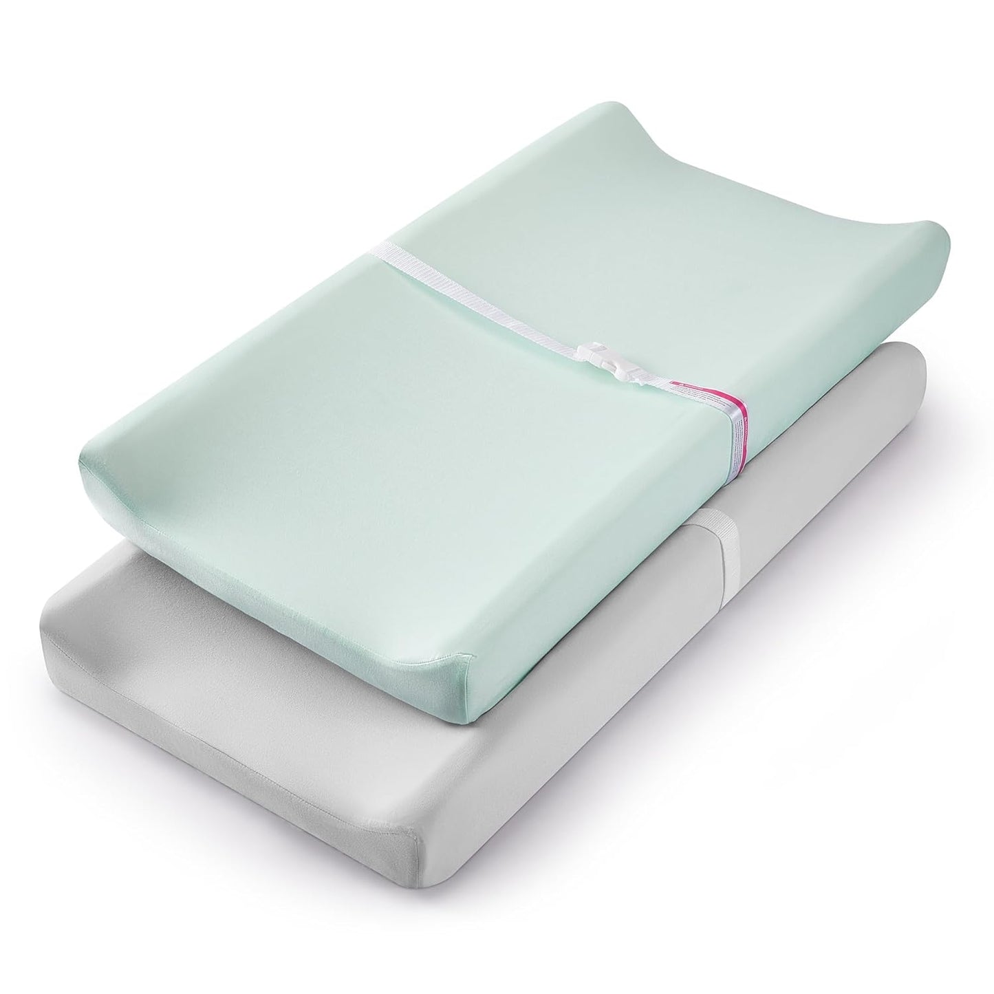 TILLYOU Changing Pad Cover Set in Soft Jersey Material - Fits 32"/34''x16 Contoured Pad for Babies, Lt Green & Lt Gray