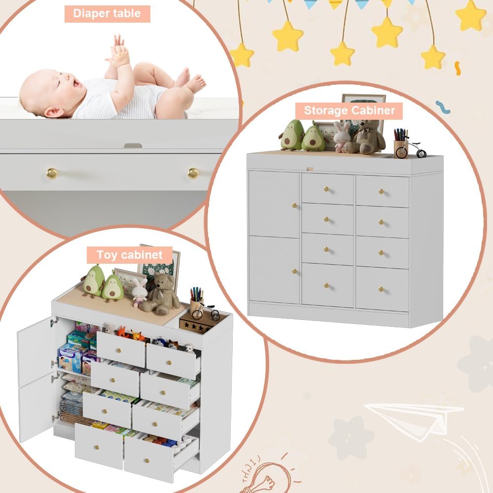 Changing Table Dresser with Drawers,Modern Baby Dresser with Changing Table Top for Nursery,Diaper Changing Station Organizer for Infants Newborn,White