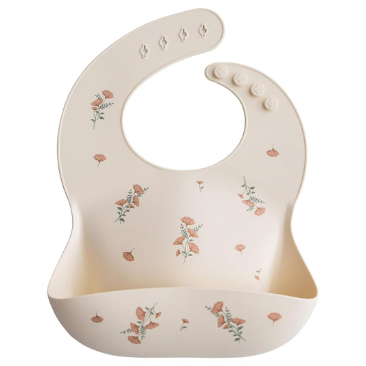 mushie Silicone Baby Bib | Adjustable Fit Waterproof Bibs (Pink Flowers)
