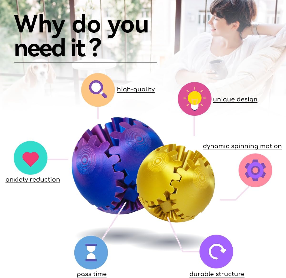 3D Printed Gear Ball ，Gear Ball Spin Ball or Cube Fidget Toy，Gear Sphere Desk Toy,Gift for Stress and Anxiety Relief (blue&green)