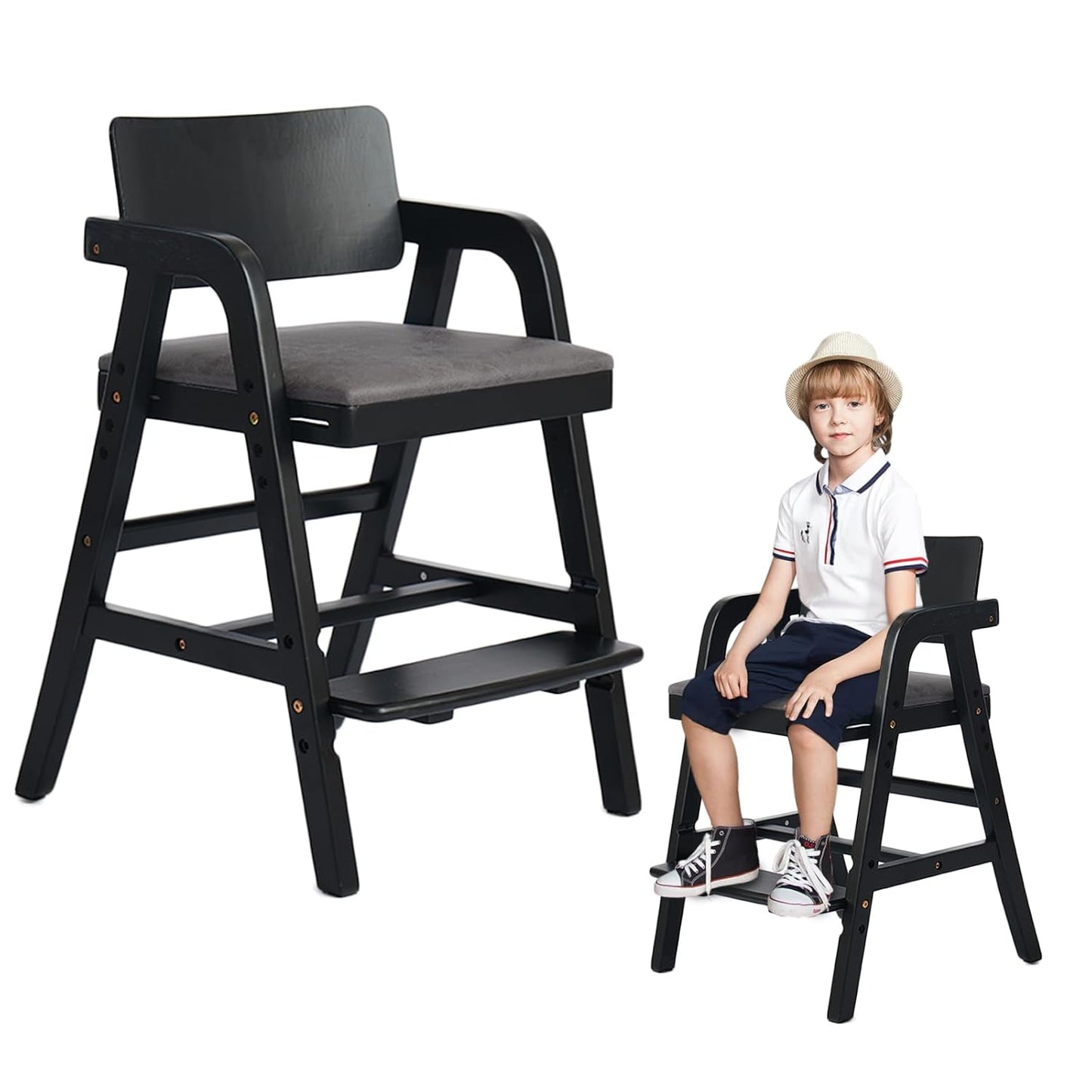 Solid Wood high Chairs for Toddlers,High Chair Grows with Kid for Dining, Study Chair for Children, Black