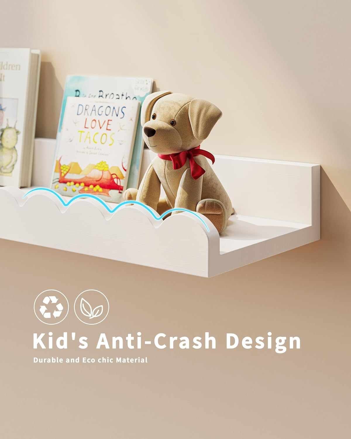 Nursery Book Shelves, 4-Pack White Floating Shelves for Wall Kids, Scalloped Shelves, Wall Book Shelves for Bedroom Kids, Toddler Room, Baby Room, Nursery Decor