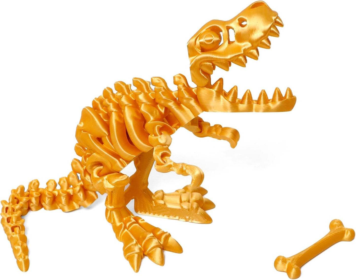 Flavery 3D Printed Dinosaur with Bones - 10 inch Flexible T-Rex Skeleton with Bones, 3D Fidget Toy, Birthday Gift, Dragon Collection, Desk Executive Toy - Gold