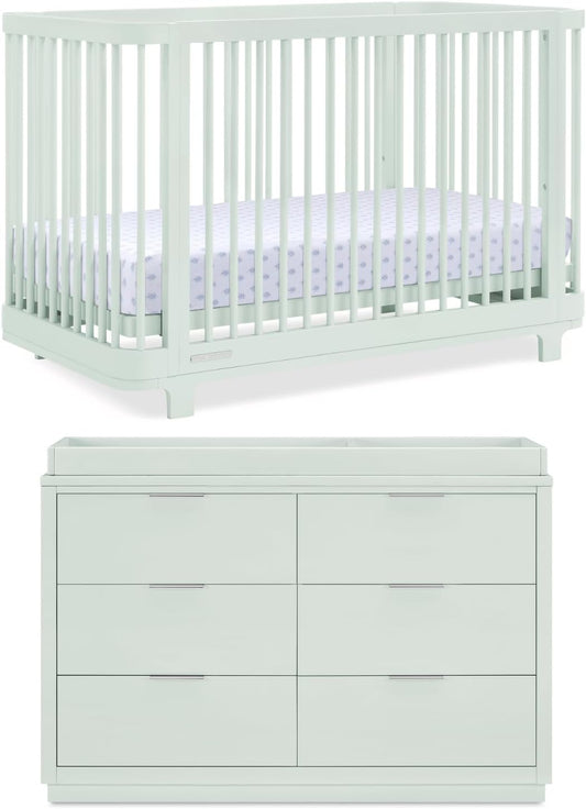 Delta Children Nest Crib and Dresser Nursery Furniture – 4-in-1 Convertible Crib | Forever 6 Drawer Dresser with Changing Top | Light Sage