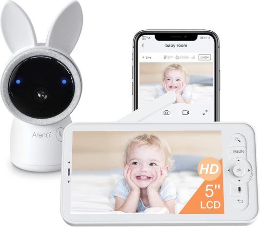 ARENTI Baby Monitor, 2K Smart Baby Camera with 5-Inch Upgraded Wireless Display, Super Night Vision, Lullabies, Cry & Motion Detection, Temp & Humidity Sensor, Two Way Audio