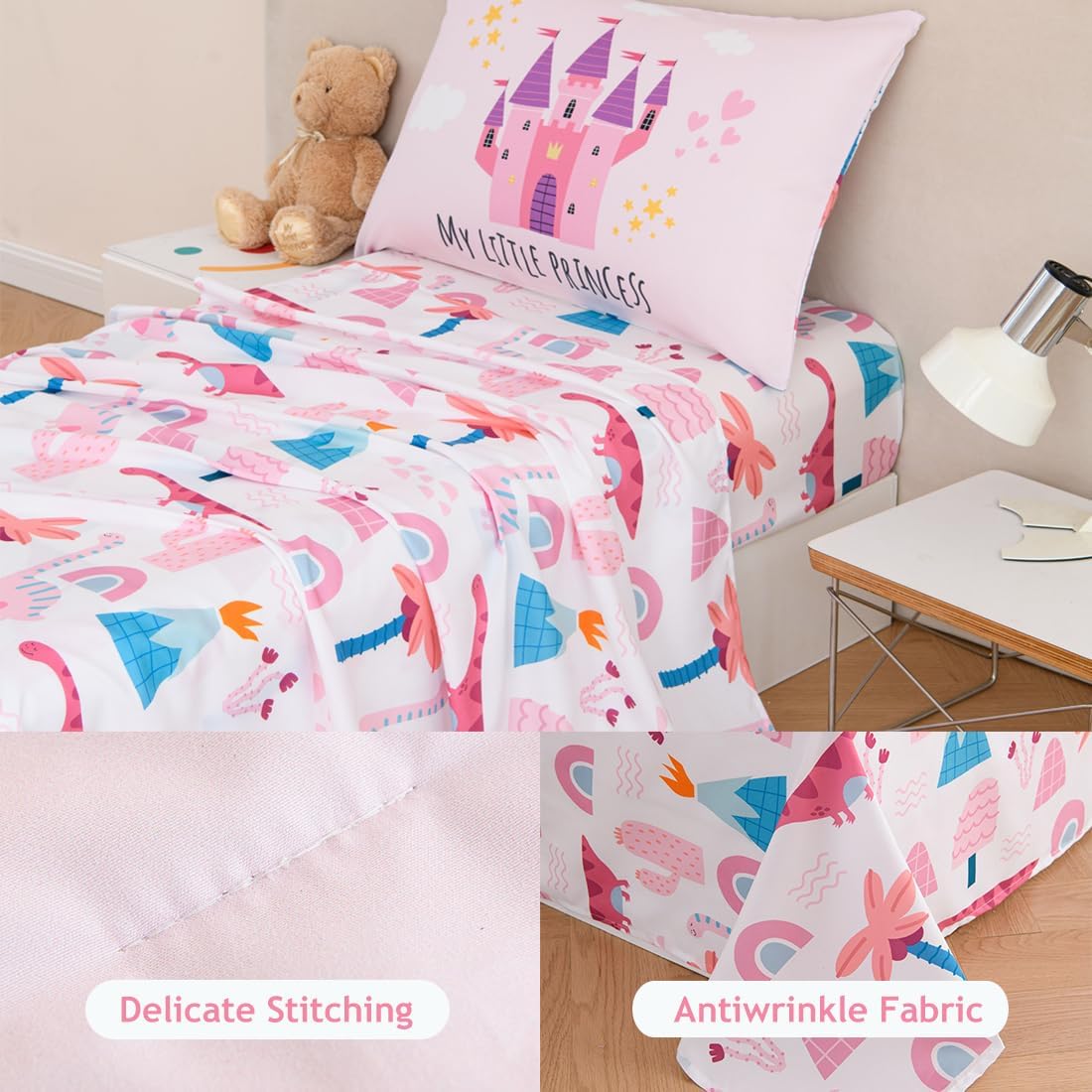 PERFEMET 4 Pcs Twin Bedding Set for Girls Pink Castle Kids Bed in A Bag Comforter Set Ultra Soft Reversible Fairy Tales Themed Bedding Comforter with Sheet Set for All Seasons(Pink, Castle)