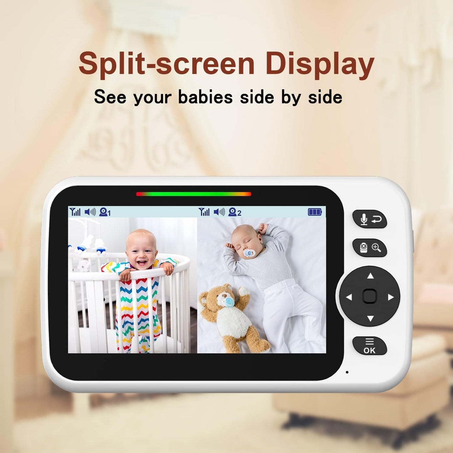 Upgrade Baby Monitor with 30-Hour Battery, 5" Large Split-Screen Video Baby Monitor with 2 Cameras and Audio, Remote Pan/Tilt/Zoom, Two-Way Talk, Room Temperature, Auto Night Vision