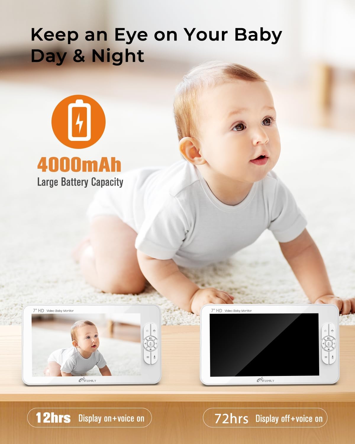 iFamily 7" Large Split Baby Monitor with 2 HD Cameras and Audio, 1080P HD Video Baby Monitor No WiFi,Hack Proof