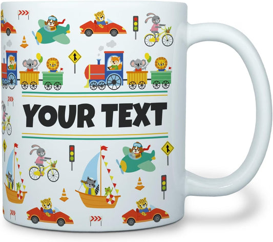 Personalized Mug for Kids - Vehicles - Custom Name/Text, Ceramic Hot Chocolate/Cocoa/Coffee Cup for Boys, Birthday/Christmas/Holiday Gift - 11 oz, White Handle